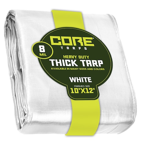 Core Tarps Heavy Duty Tarp, 12 ft L x 0.5 mm H x 10 ft W, 8 Mil, White, Polyethylene CT-404-10X12
